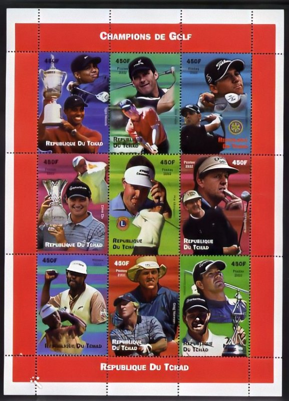 CHAD 2002 Golf Champions-Lions and Rotary Sheetlet (9) PERFORATED MNH