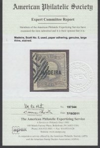 Madeira, Scott 5, used (large thin and stained), w/ APS cert