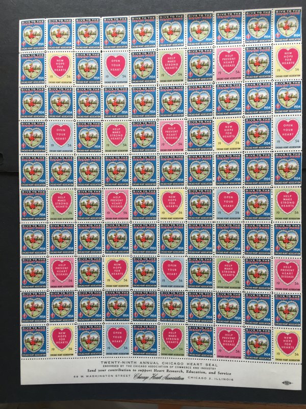 1954 Chicago Heart Association Seal Label, Cinderella Stamp Full Sheet of 100