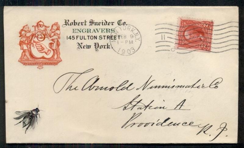 1903 2¢ tied on SNEIDER Co. Engravers advertising cover w/BLACK FLY lower left