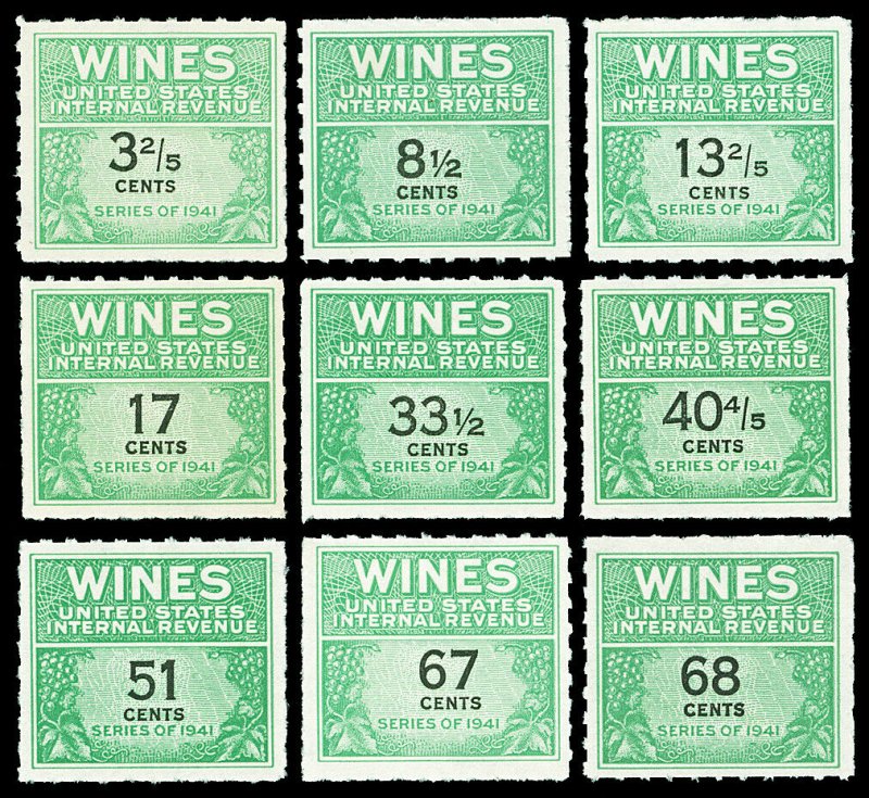 Scott RE183//RE193 1951-1954 3.4c-68c Wine Revenues All Mint Cat $103.15