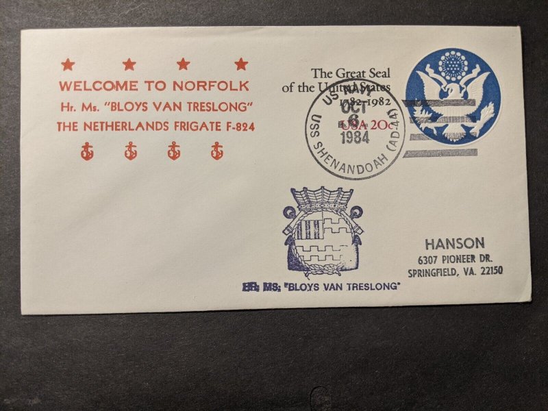 USS SHENANDOAH AD-44 Naval Cover 1984 Dutch BLOYS VAN TRESLONG Cachet Holland