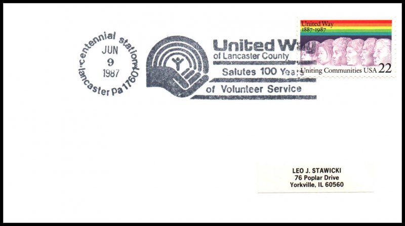 US Centennial United Way 1987 Lancaster,PA Cancel Cover