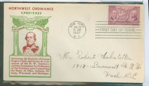 US 795 1937 3c Ordinance of 1787 (single) on an addressed FDC with a cachet from an unkown publisher