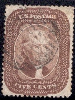 US Stamp Scott #29 5c Brown Jefferson USED SCV $350