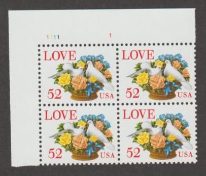 U.S. Scott #2815 Love Bird Flowers 52-Cent Stamps - Mint NH Plate Block