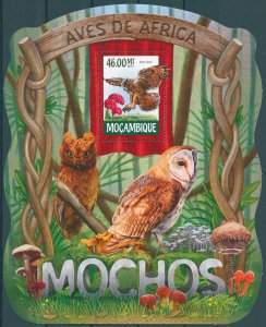 Mozambique 2015 MNH Birds of Prey on Stamps Owls Eagle-Owl Mushrooms 1v S/S I