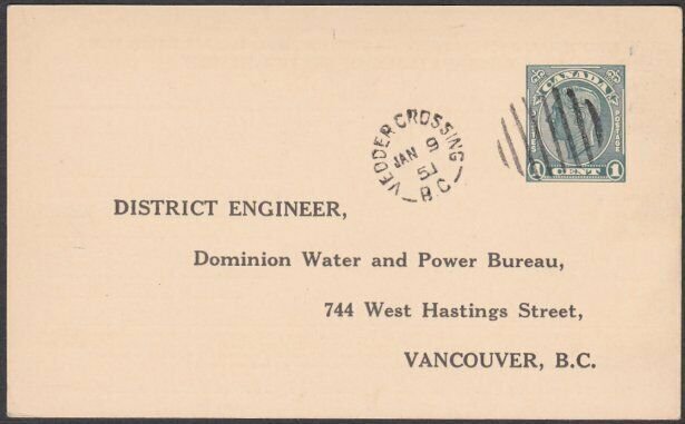 CANADA BR COLUMBIA 1951 1c postcard (River Heights) VEDDER CROSSING cds.....U446