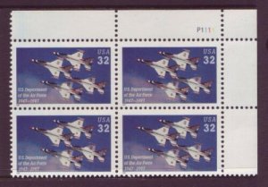 1997 Air Force 50 Year Anniv. Plate Block of 4 32c Stamps, Sc# 3167, MNH, OG