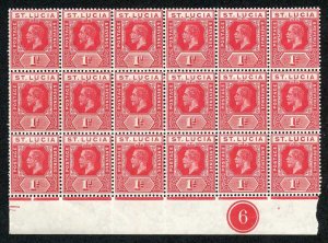 ST LUCIA SG79b 1912-21 Wmk MCA 1d rose-red block of 18 plate number 6 U/M