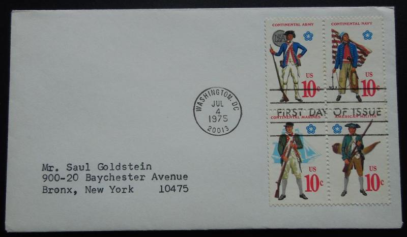 1568a FDC 10c Continental Military Uniforms July 4, 1975