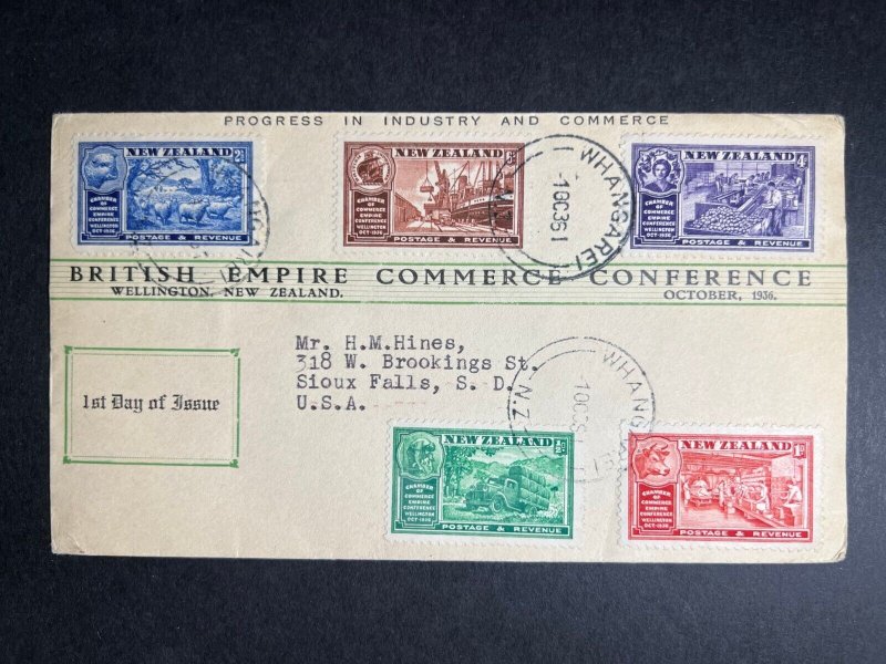 1936 New Zealand First Day Cover FDC Whangarei to Sioux Falls SD USA Commerce