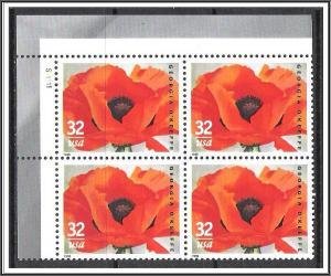 U.S.#3069 Georgia O'keeffe (Red Poppy) 32c Plate Block of 4, MNH.