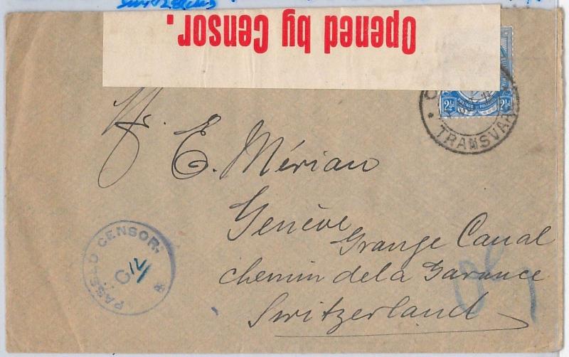 South Africa TRANSVAAL  postal history - COVER to SWITZERLAND: SA censor! 1915