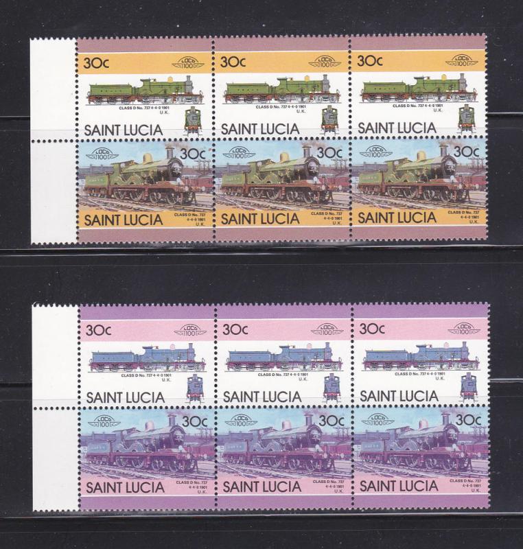 St Lucia 809 Color Error Strips MNH Trains, Locomotives (A)