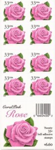 US Stamp - 1999 33c Coral Pink Rose - Booklet of 20 Stamps #3052Ef