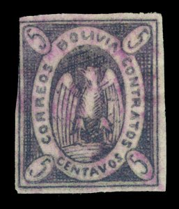 BOLIVIA 1868  CONDOR  5c violet lilac  Scott # 3 used - postal obliteration