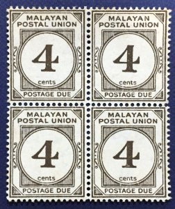 MALAYAN POSTAL UNION Postage Due 4c Block of 4V MNH MSCA SG#D17 M5096