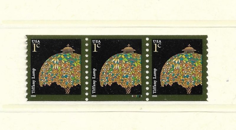 US Stamps: #3758; 1c Tiffany Lamp Coil Issue (2003); #S11111 PNC3; MNH