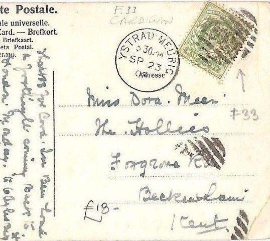 AN106 GB WALES Cover 1908 GB Cardigan *Ystrad Meurig* Postcard *F33*4VOS Numeral