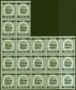 Perak 1900 3c on 50c Green & Black SG85 Block of 19 with Bent Bar on Stamp 3 Fin