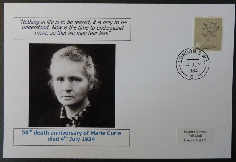 50th death anniversary Marie Curie privately produced glossy postal card 