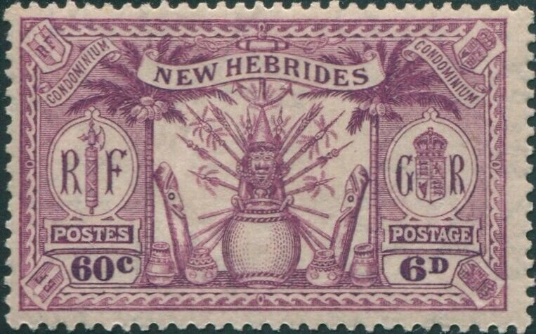 New Hebrides 1925 SG48 6d 60c purple Weapons Idols MLH