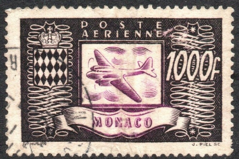 MONACO-1949 Airplanes Air Post 1000F Sg 326c GOOD USED V40539