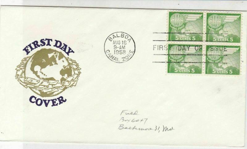 Canal Zone 1958 Balboa Cancel Globe+ Wing FDC Stamps Block Cover Ref 25165