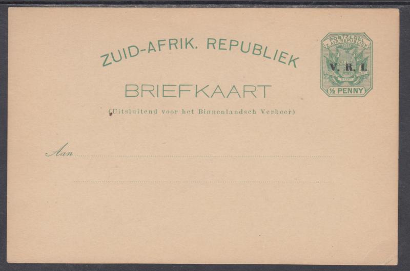 Transvaal H&G 9 mint 1900 ½p Postal Card w/ V.R.I. ovpt, F-VF