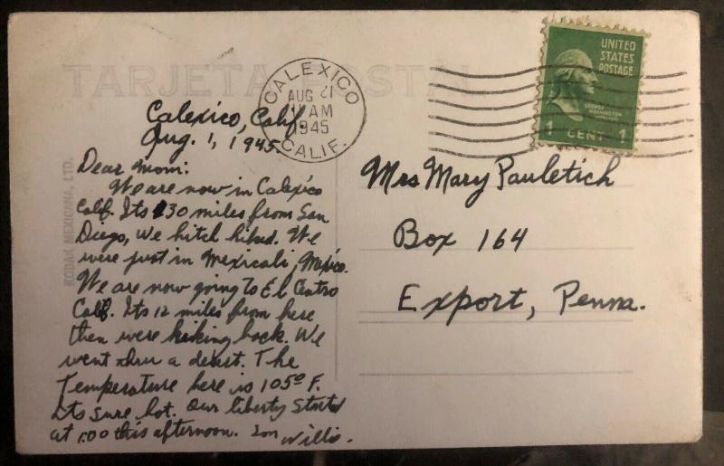 1945 Calexico CA USA RPPC Postcard Cover To Export Pa Mexicali Beer Building