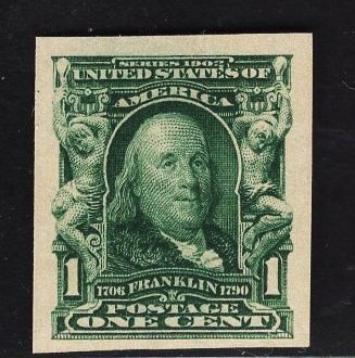 US #314 1c Blue Green Franklin Imperf MINT NH  SCV $30