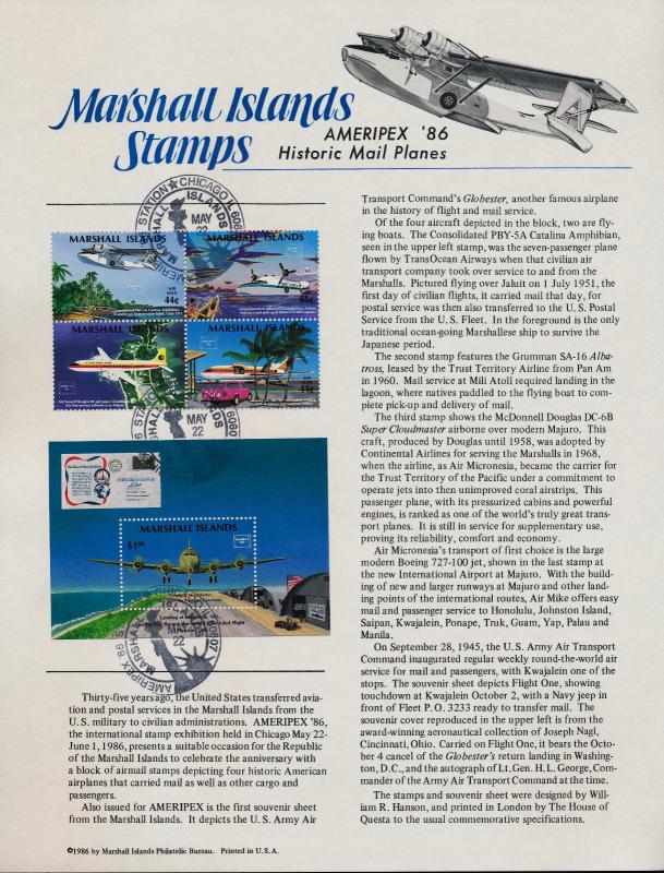 Marshall Islands 114, C6a Souvenir Page, Ameripex Cancel - Historic Mail Planes