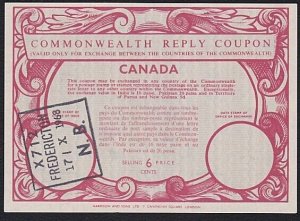 CANADA 1968 6c Commonwealth Reply Coupon - Fredericton NB pmk..............A5822