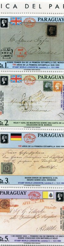 Paraguay 1990 105th.Anniversary First stamp strip Perforated Mint (NH)