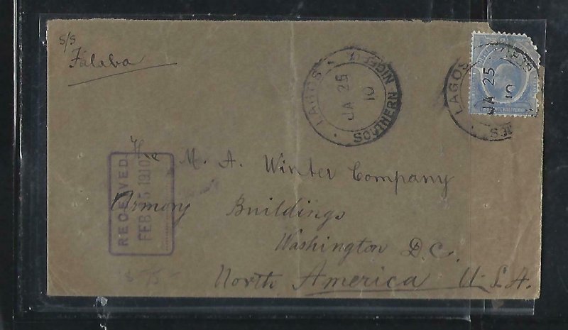  SOUTHERN NIGERIA (PP0610B) 1910 KE 2 1/2D UR CORNER ROUNDED COVER LAGOS TO USA