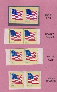 Pairs 41c Flag Den APU US 4186, Sennett 4187, AVR 4188, Spaces 4189 Lot (4) MNH 
