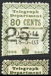 Ceylon Telegraph SGT138 80c Olive BLOT on N of CENTS 18 May 1903 Blue Paper