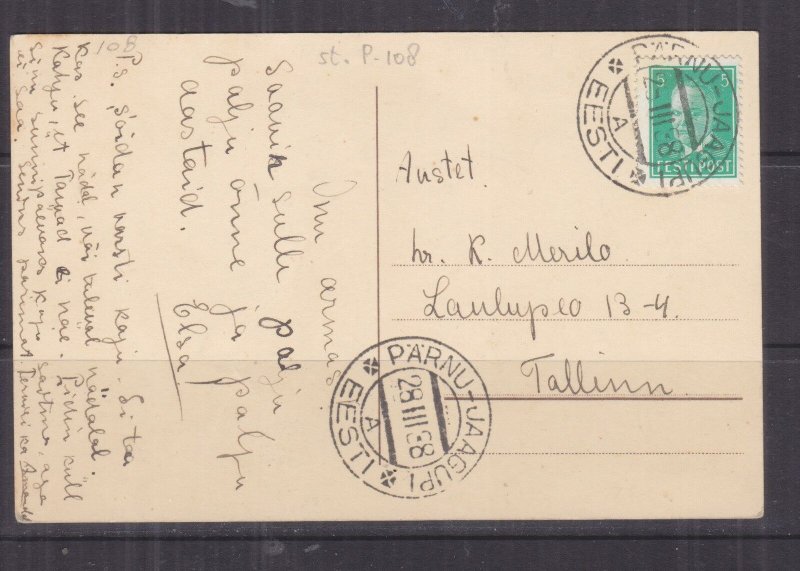 ESTONIA, 1938 ppc., 5s. PARNU-JAAGUPI to Tallinn. 