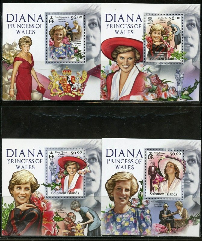 SOLOMON  ISLANDS NEVER OFFERED 2012 PRINCESS DIANA SET OF 4  DELUXE S/S MINT NH