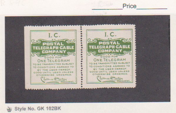 Revenue Postal Telegraph Cable Co. Stamp Scott # 15TO16b Pair MNG