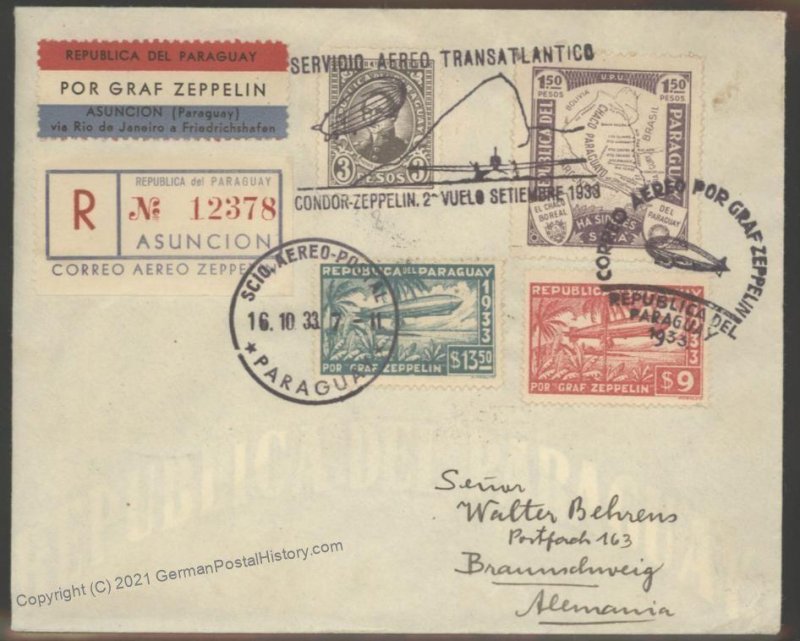 Paraguay 1933 Germany Zeppelin Airmail SAF Flown Si234 Cover 103389