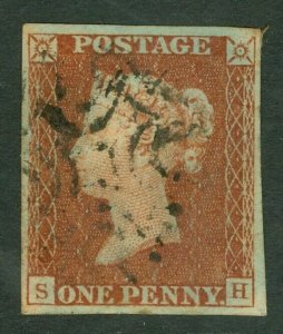 SG 8 1d red-brown plate 16 lettered SH. Very fine used Maltese cross. 4 margins