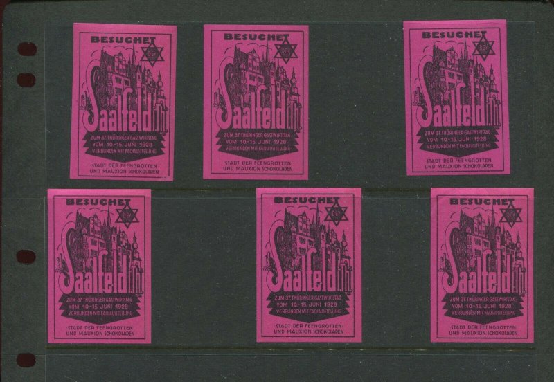 6 VINTAGE 1928  GERMANY SAALFELD UND MAUXION SCHOKOLADEN POSTER STAMPS (L1168)