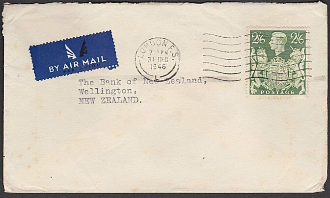 GB 1946 2/6d single franking rate airmail cover London to New Zealand.......L372