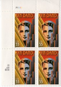 Scott #3308 Ayn Rand (Atlas Shrugged) Plate Block of 4 Stamps - MNH