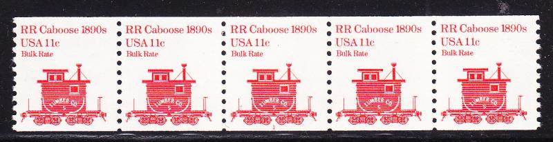 RR Caboose 1890's  11c Bulk Rate Plate Number Strip of 5.  Nr.-1 VF/NH