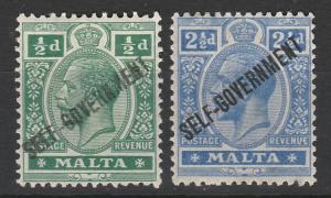 MALTA 1922 KGV SELF GOVERNMENT 1/2D ADN 21/2D WMK MULTI CROWN CA