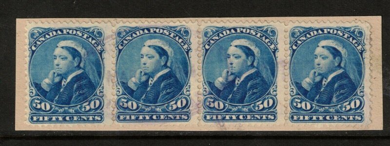 Canada #47 Used Rare Strip Of Four On Piece