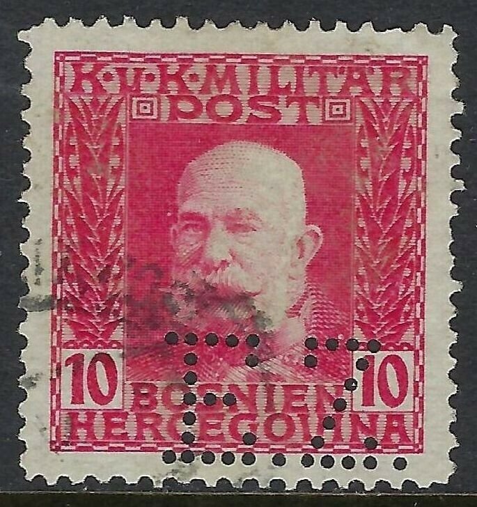 BOSNIA Scott 70, 10 heller, Complete Perfin Pattern A5-EZ: Eisenindustrie Zenica